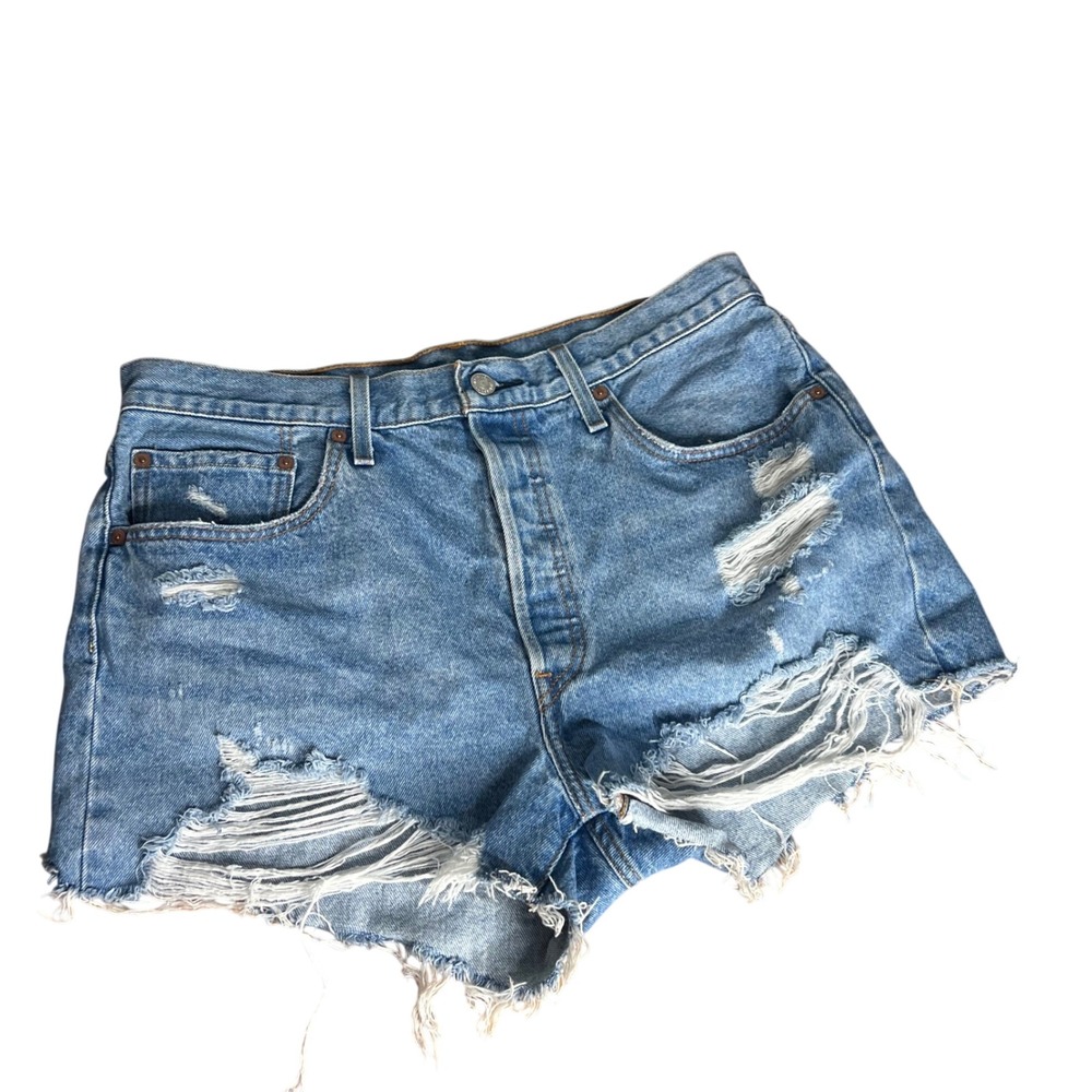 Levis 501 Cut Off Denim Jean Shorts Sz 32 Distressed Light Wash Cotton Festival